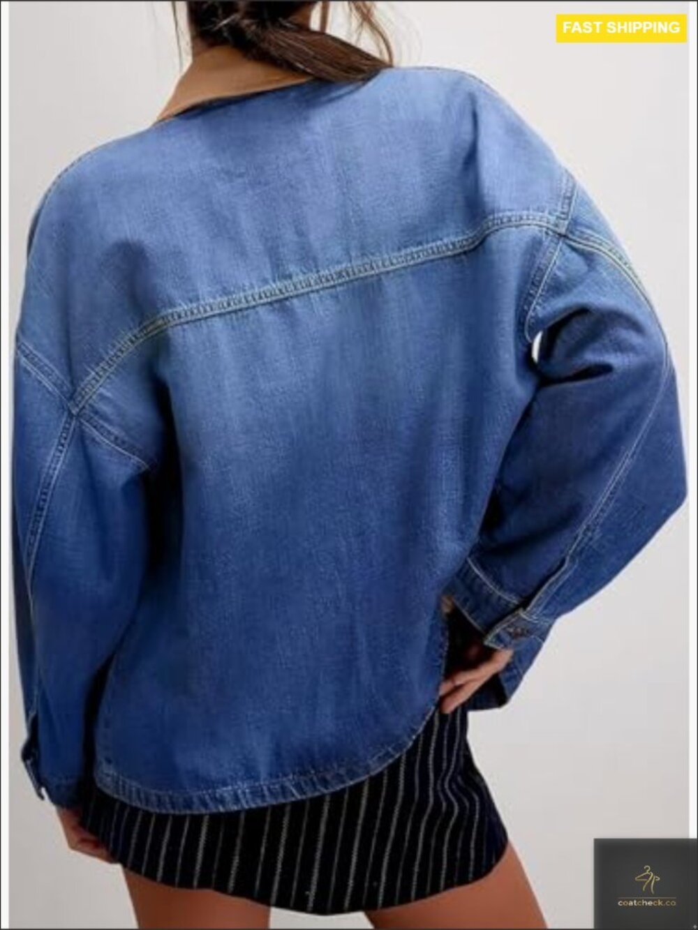 Oversized Boyfriend Denim Jacket Button Down Contrast Trim Barn Jacket With - Picture 4 of 7